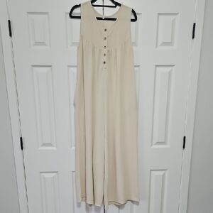 Cream Sleeveless Button-Front Ribbed Jumpsuit Romper Womens L EUC